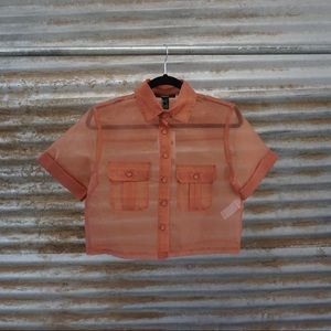 Beige sheer SS button-down crop.